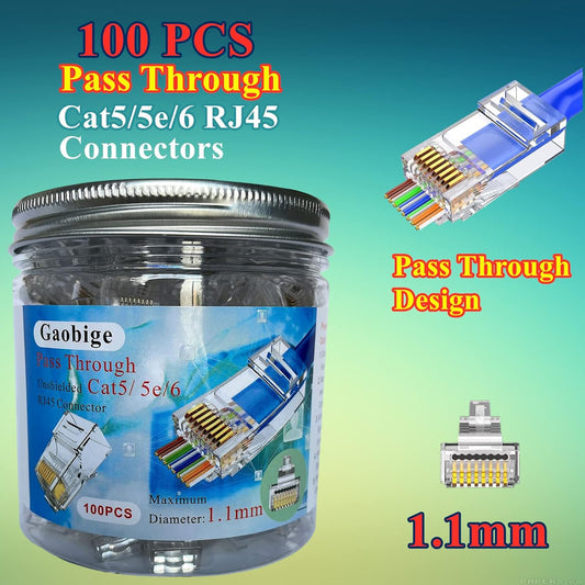100-PACK Cat5 Cat5e Cat6 RJ45 Pass Through Connectors Ends, 1.1mm Unshielded Connectors for Solid Wire and Standard Cable