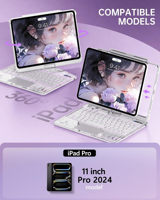Intermerge Clear Keyboard Case for iPad Pro 11" (M4) 2024 Only, 360° Swivel Multi-Touch Trackpad, 7-Color RGB Backlit, Pencil Holder, Type-C, Power Indicator, Frost Pulse
