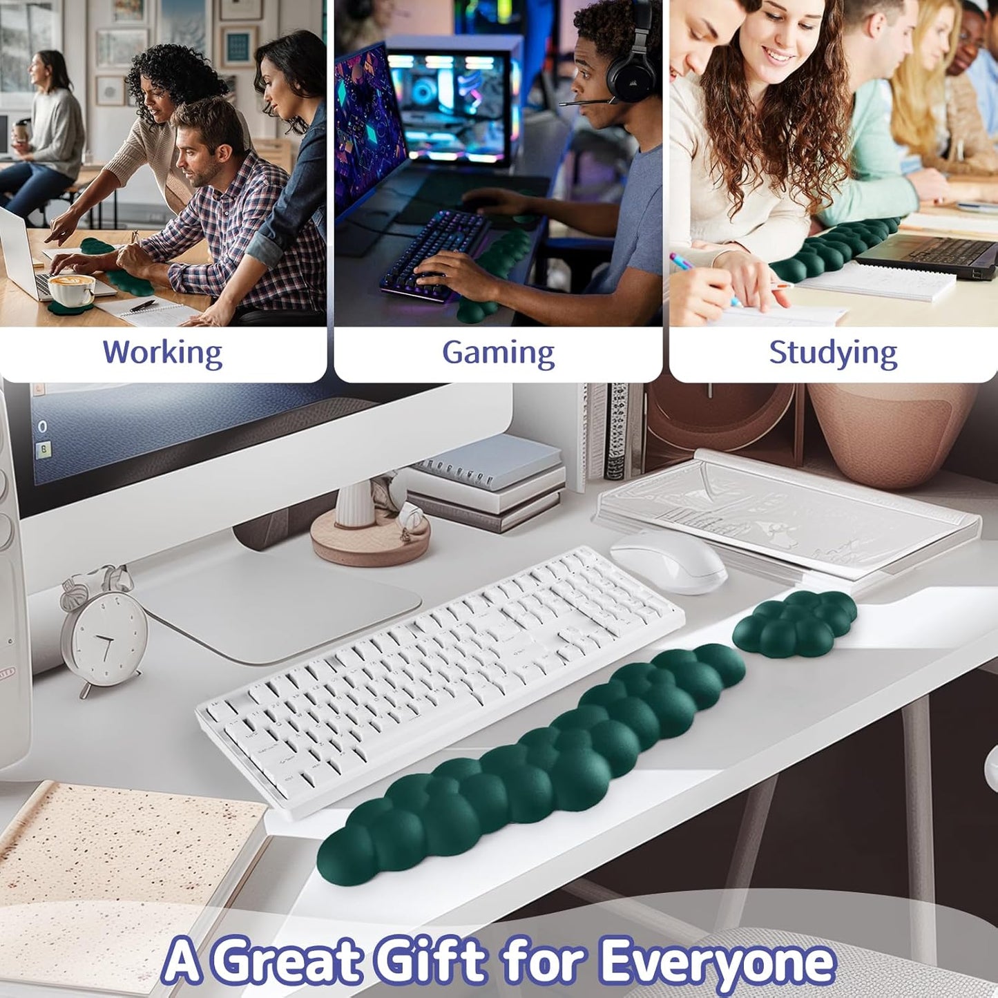 Cloud Wrist Rest for Keyboard and Mouse, Memory Foam PU Leather Keyboard Wrist Rest with Ergonomic Support, Non-Slip Base, Cute Arm Rest Pad & Palm Cushion, Office Desk Accessory, Dark Green