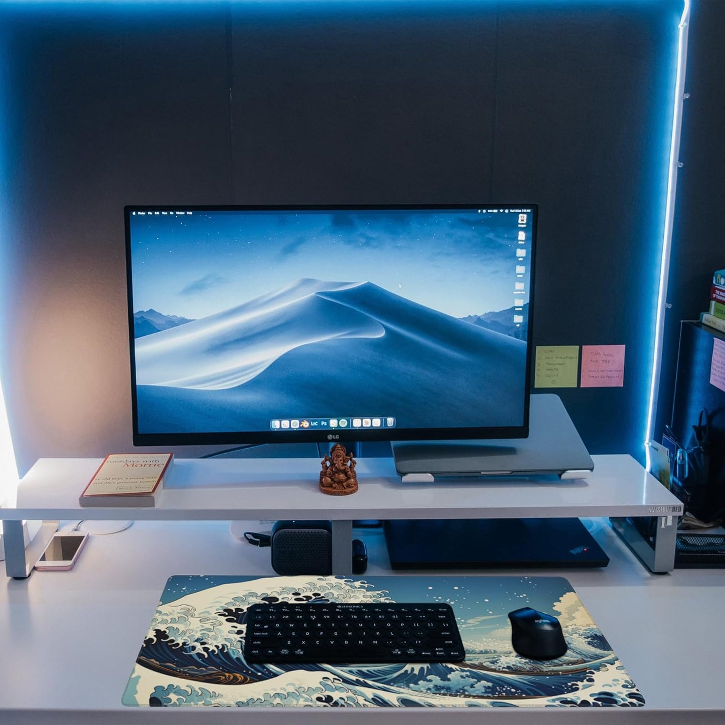 Desk Mat,Blue Japanese Sea Wave Desk Pad,Japanese Sea Wave Large Gaming Mouse Pad for Desk,Extended Big Computer Keyboard Mouse Pad with Non-Slip Base and Stitched Edge,31.5"x11.8"