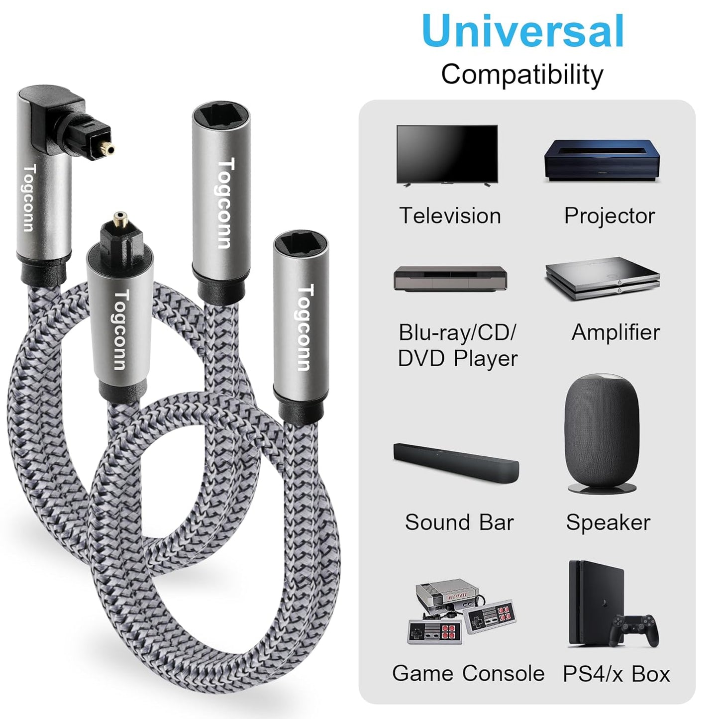 Optical Extension Fiber Digital Cable Adapter 4 Feet(2 Pack), 90 Degree Right Angle & Straight Male to Female Coupler, Toslink Audio Cable, Nylon Braided for Home Theater, Soundbar, TV and More