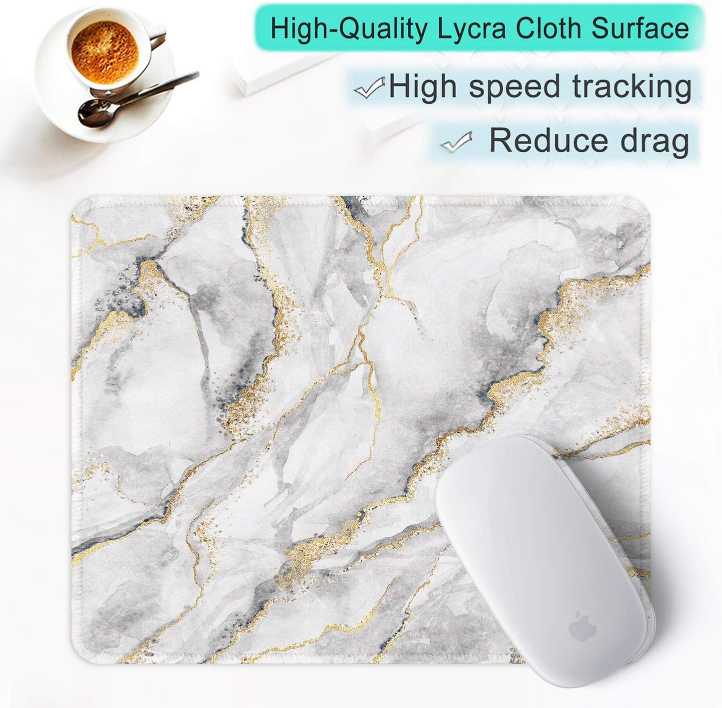 ITNRSIIET Mouse Pad with Stitched Edge Premium Textured Smooth Precise Operation Waterproof Washable Non-Slip Rubber Base Desktop Protection Mat, 10.2×8.3×0.12 inches, Gray Marbling