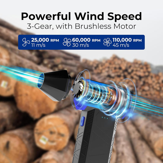 Rosewill Electric Air Duster - 110,000 RPM Super Power Cordless Compressed Air Duster, 3-Gear Adjustable Mini Blower with Fast Charging, Dust Blower for Computer, Keyboard, Pet, House, Outdoor and Car