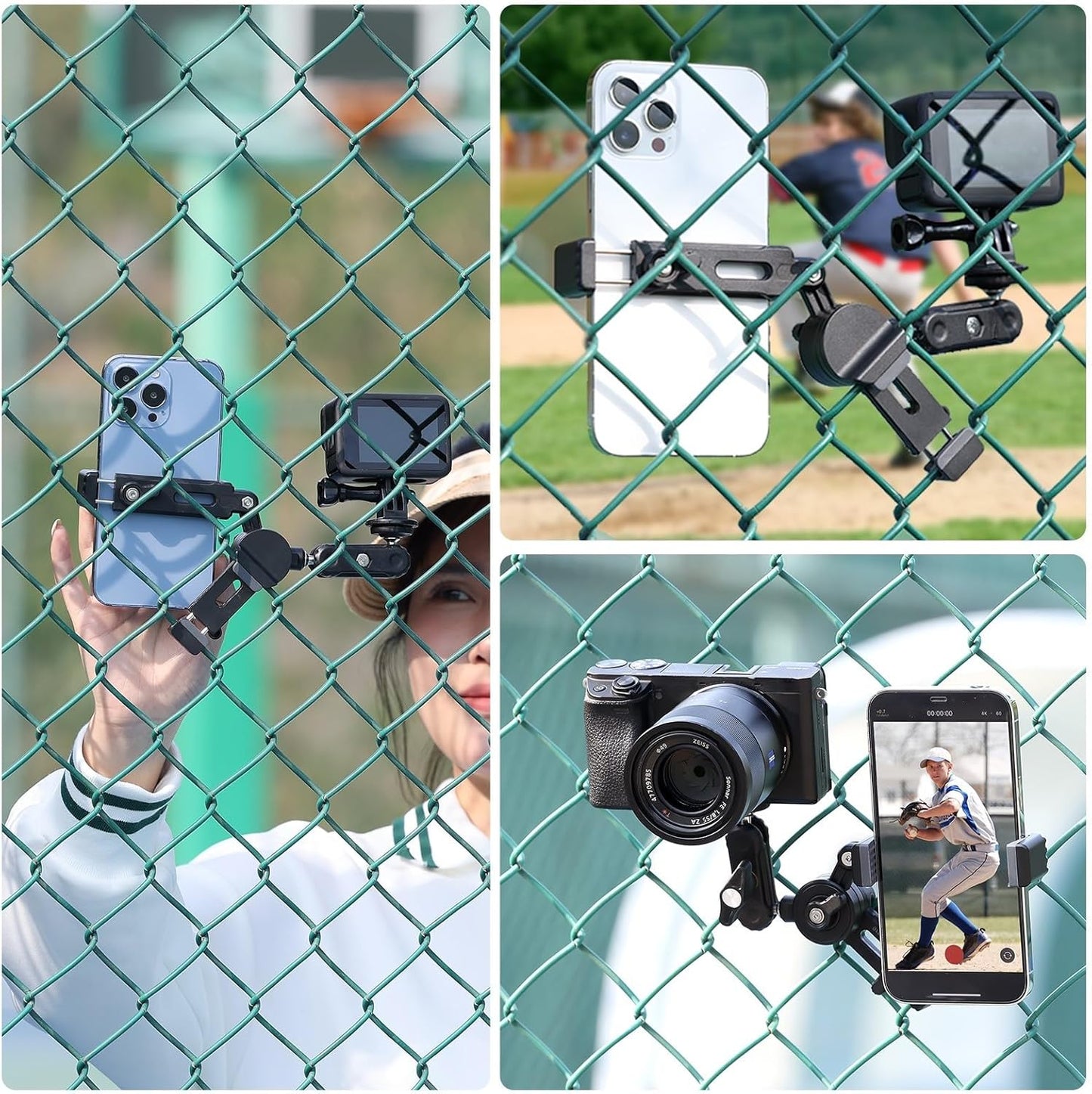 jusmo CM010 Cell Phone Fence Mount Game Changer Mounting Kit for GoPro, iPhone, AKASO, DJI Osmo Action, Insta360, Mevo Start for Recording Baseball Softball Tennis Gamechanger Streaming Kit