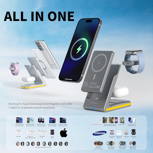 Wireless Charger 5 in 1 Magnetic Charging Station Stand with Portable Power Bank for Apple/Samsung Multiple Devices for Apple Watch 10-2,iPhone 16 15-12 Pro Max/Samsung Galaxy S25 Ultra S24-S8