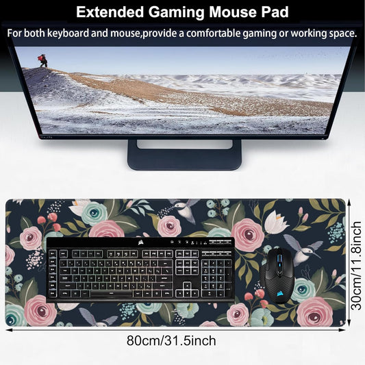 Colorful Flowers and Birds Desk Mat,Large Spring Floral Bird Gaming Keyboard Mouse Pad,Non-Slip Rubber Base Desk Pad Thick Stitched Edges Waterproof Mousepad Mouse Mat 31.5"x11.8"
