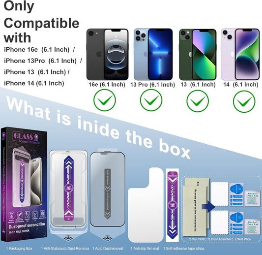 2 Pack Anti Blue Light Matte Screen Protector for iPhone 16e and iPhone 14 and iPhone 13 and iPhone 13 Pro 6.1-Inch Auto Dust Removal, No Bubbles, Tempered Glass Film, Easy Installation