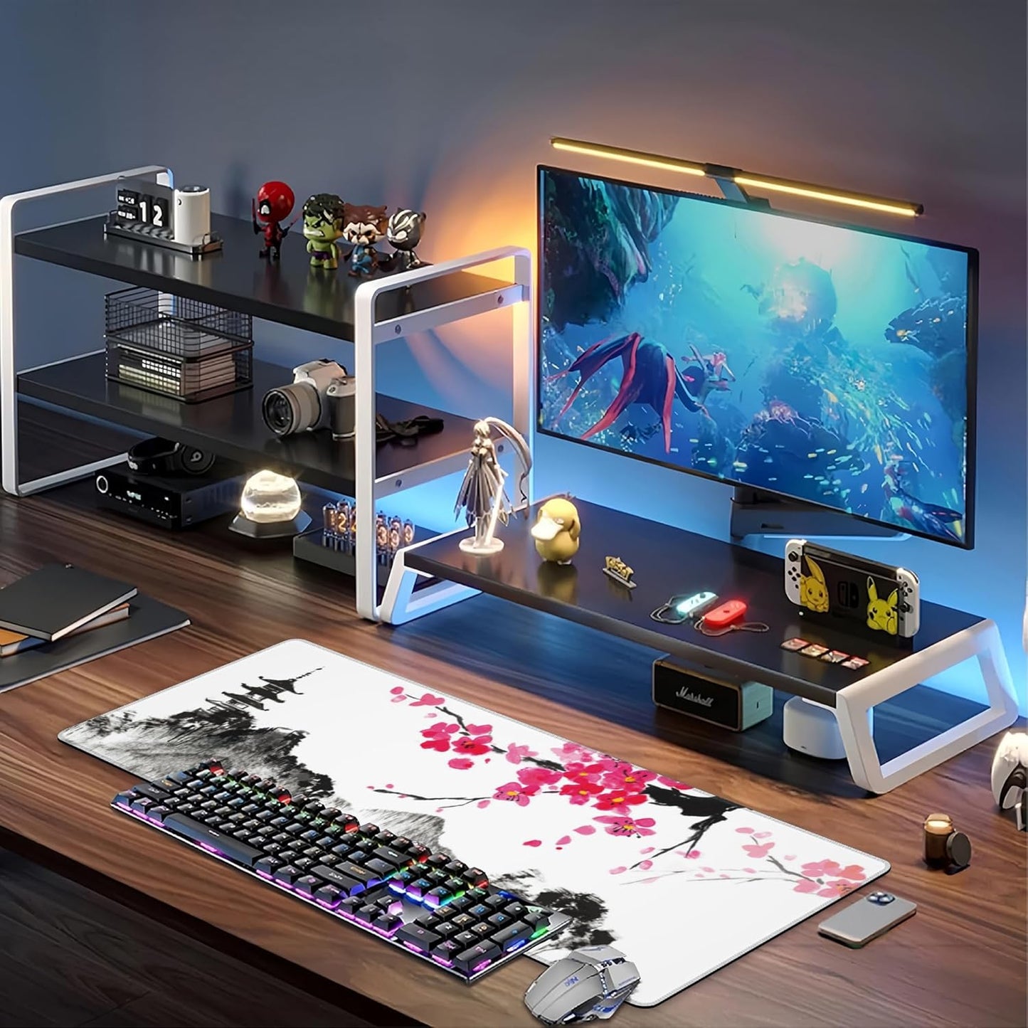 Chinese Ink Painting Desk Mat,Large Abstract Landscape Painting Gaming Keyboard Mouse Pad,Non-Slip Rubber Base Desk Pad Thick Stitched Edges Waterproof Mousepad Mouse Mat 31.5"x11.8"