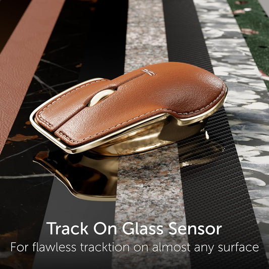 LUNAR ARTEFACTS Ambidextrous Rechargeable Bluetooth Wireless Computer Mouse Brown French Leather and Gold Tone Plated Aluminum, Qi Enabled USB-C