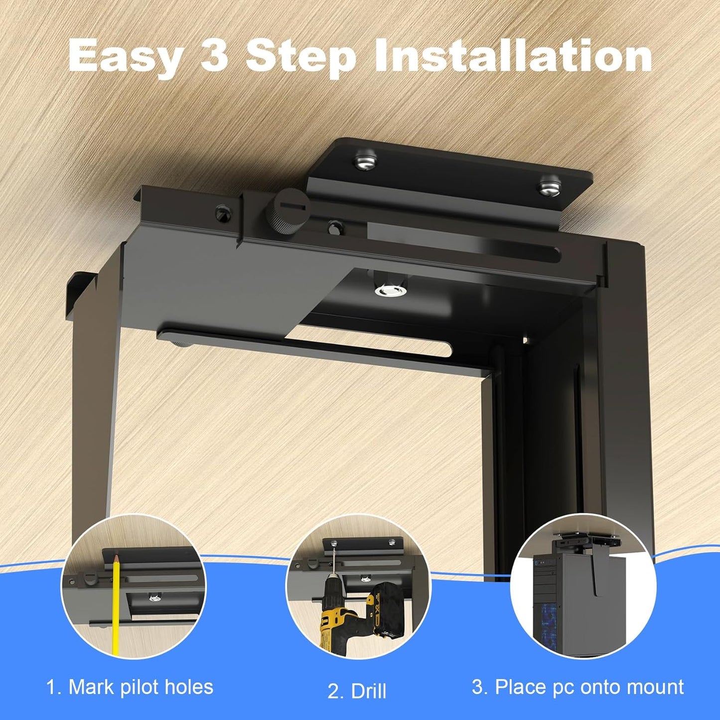 Suptek Adjustable Under Desk and Wall PC Mount,3.74 to 8.26 inch Wide Computer Case CPU Hanger Holder 360 Degree Rotatable Under-Desk PC Hanging Stand Holder Mount (ZJJ001)