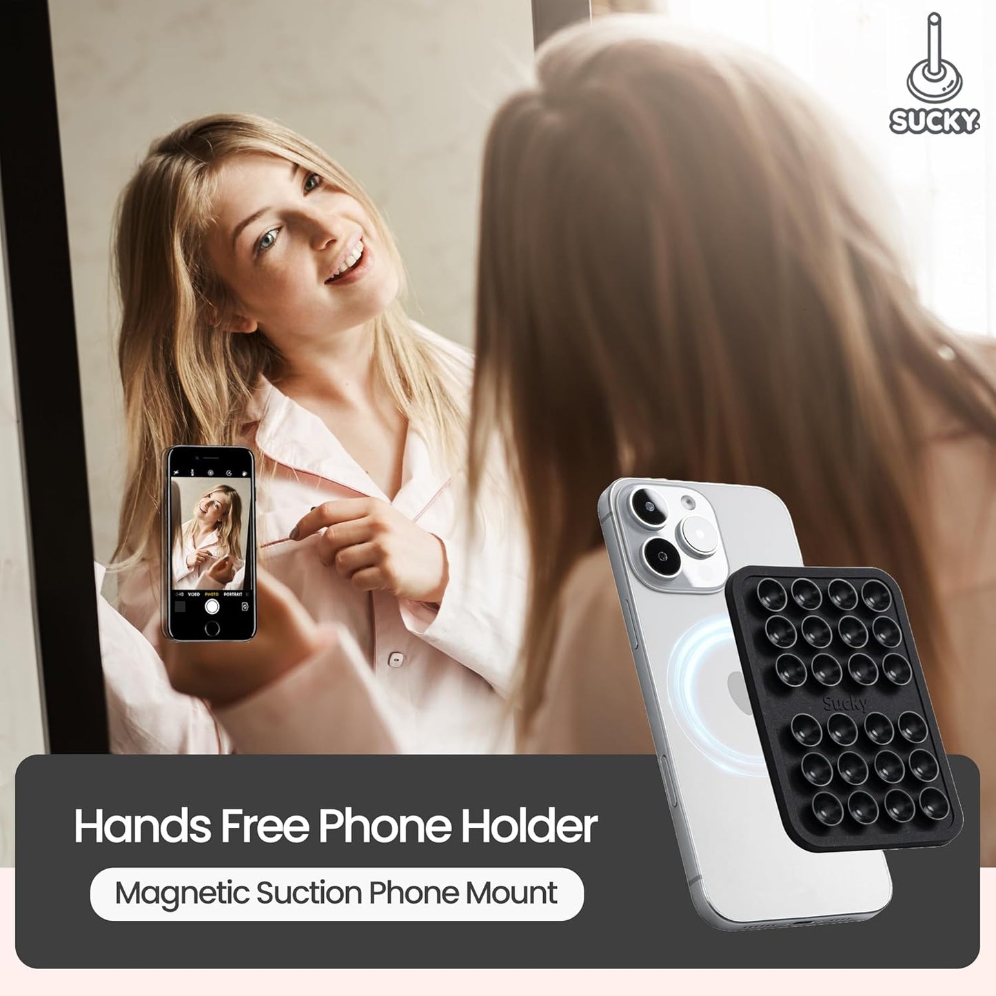 SUCKY Silicone Suction Phone Case Adhesive Mount - Anti-Slip Holder, Hands-Free Fidget Toy, Phone Accessory for iPhone and Android (Deep Black, Magnetic)