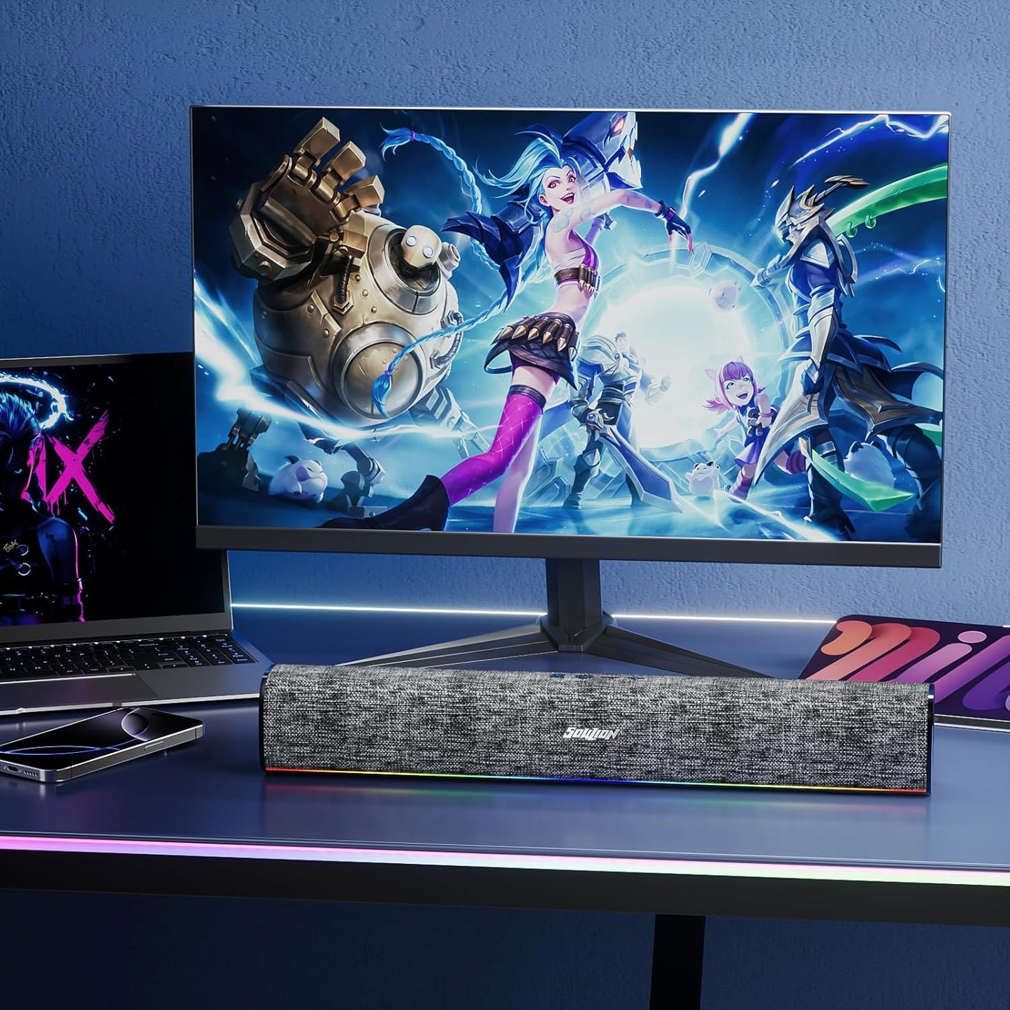 SOULION R100 Plus Computer Speakers with Dynamic RGB Light, Rechargeable Bluetooth Speaker with Switch Button, Clearly Sound Soundbar for Desktop Monitor, PC, Tablets(3.5mm Aux Connection Included)