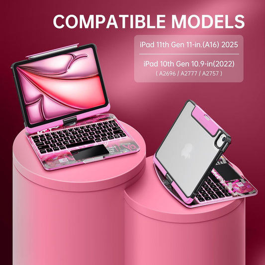 GUSGU Transparent Case with Wireless Keyboard for iPad 11th Gen 11-in.(A16, 2025), 2022 iPad 10th Gen 10.9-in, 7 Colors Backlight, Trackpad, 360°Rotating Stand, Tech Style