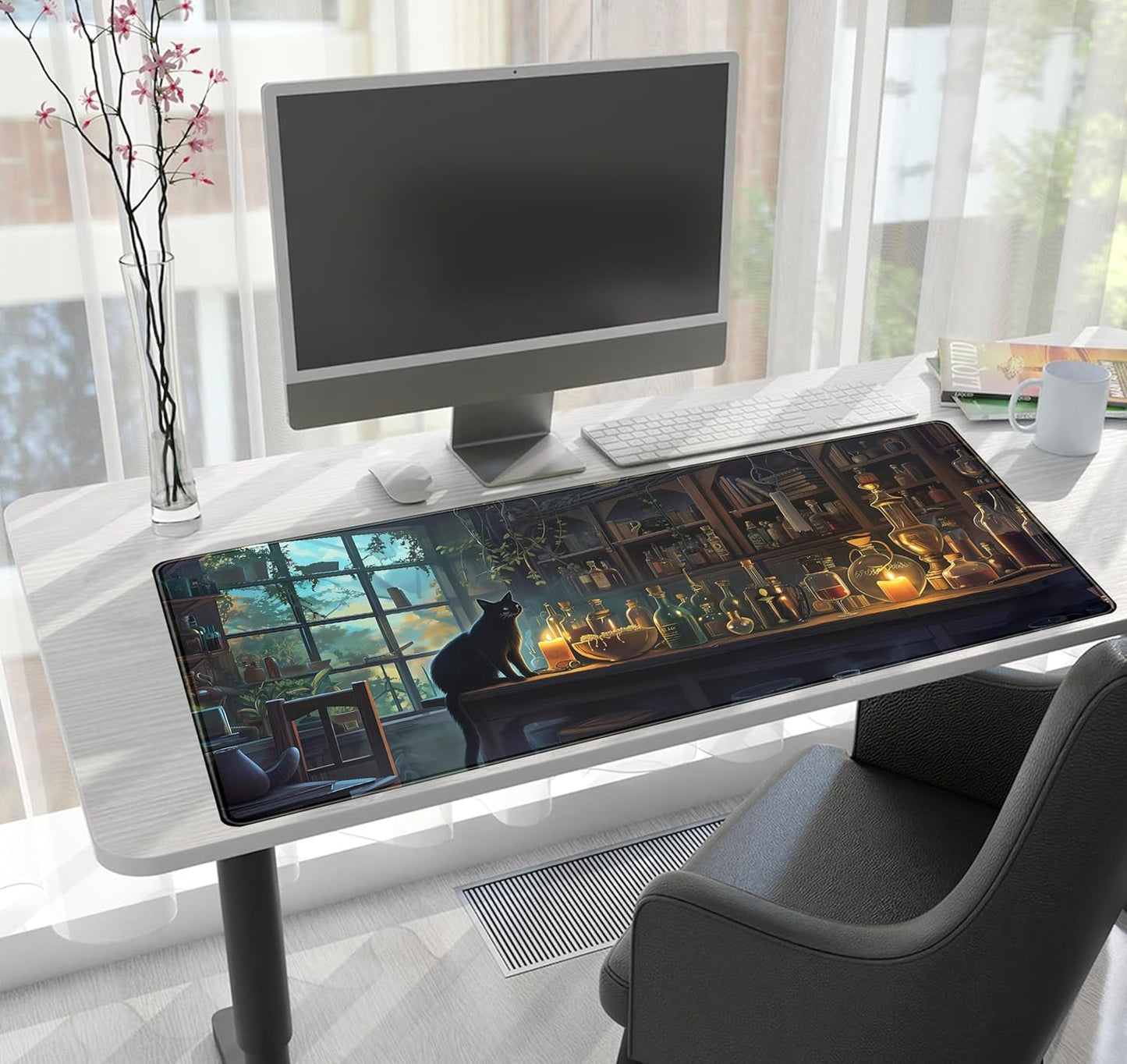 Cute Kawaii Cat Desk Mat XXL Large Gaming Mouse Pad Anime Cats Desk Pad, Vintage Computer Mat for Women Office Desk Decor Pad Gamer Gift, Laptop Keyboard Mouse Mat with Stitched Edges 31.5x15.75 in