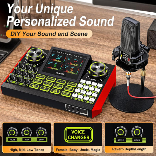 Podcast equipment bundle with live sound card audio mixer, podcast equipment with 3.5mm microphone, soundboard for phone, computer, live streaming, singing, recording, and content creation.
