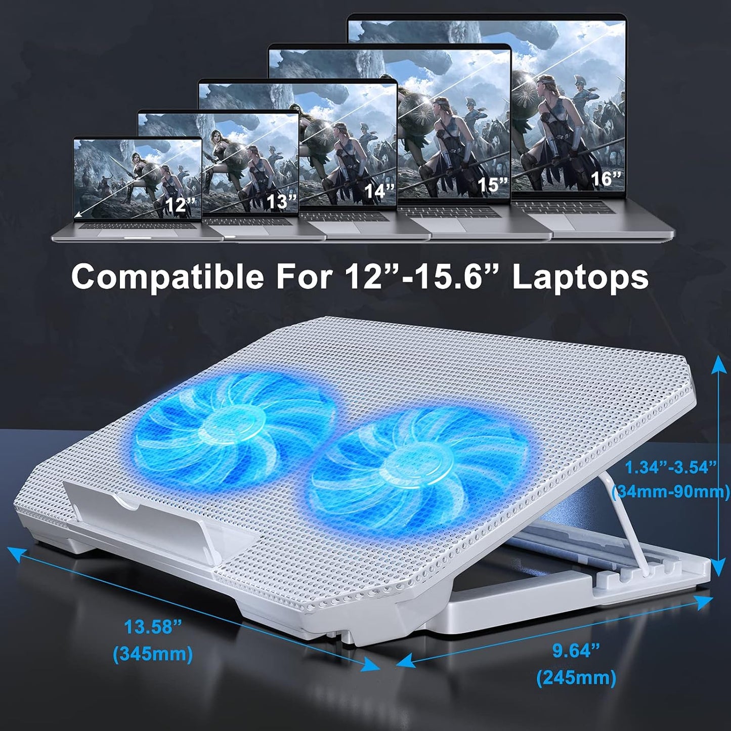 LIENS Laptop Cooling Pad with Adjustable Height Two 5.1 Inches Fan 2 USB Ports Suitable for 12"-15.6" Laptops(White)