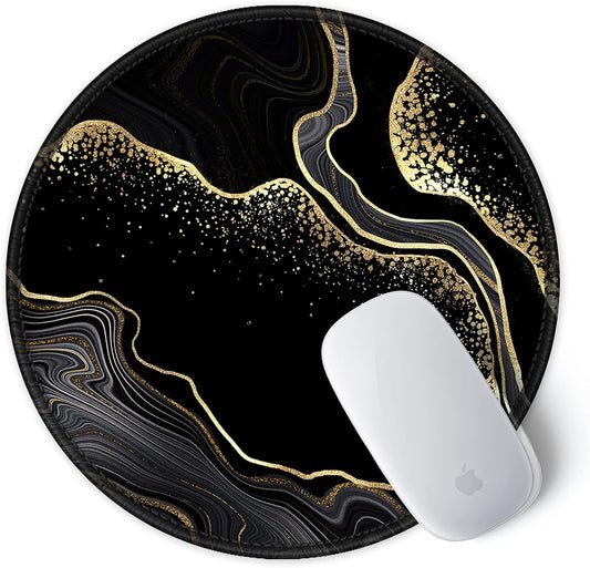 ITNRSIIET Round Mouse Pad with Stitched Edge Premium-Textured Waterproof Non-Slip Rubber Base Desktop Protection Mat Diameter 8.7 inches, Black Gold Marbling