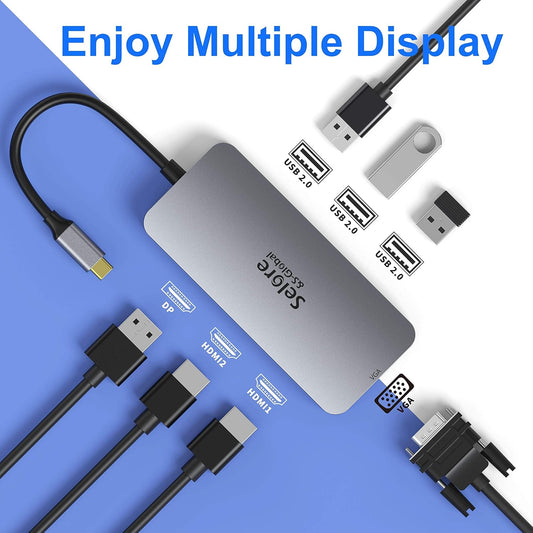 USB C to Dual HDMI Adapter,7 in 1 USB C Docking Station to Dual HDMI Displayport VGA,USB to 3USB 2.0, Multi Monitor Adapter for Dell XPS 13 15,Lenovo Yoga,Huawei Matebook X pro,etc