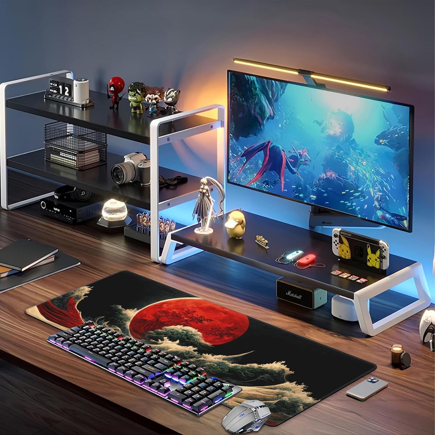 Red Moon Above The Sea Desk Mat,Large Chinese Style Landscape Gaming Keyboard Mouse Pad,Non-Slip Rubber Base Desk Pad Thick Stitched Edges Waterproof Mousepad Mouse Mat 31.5"x11.8"