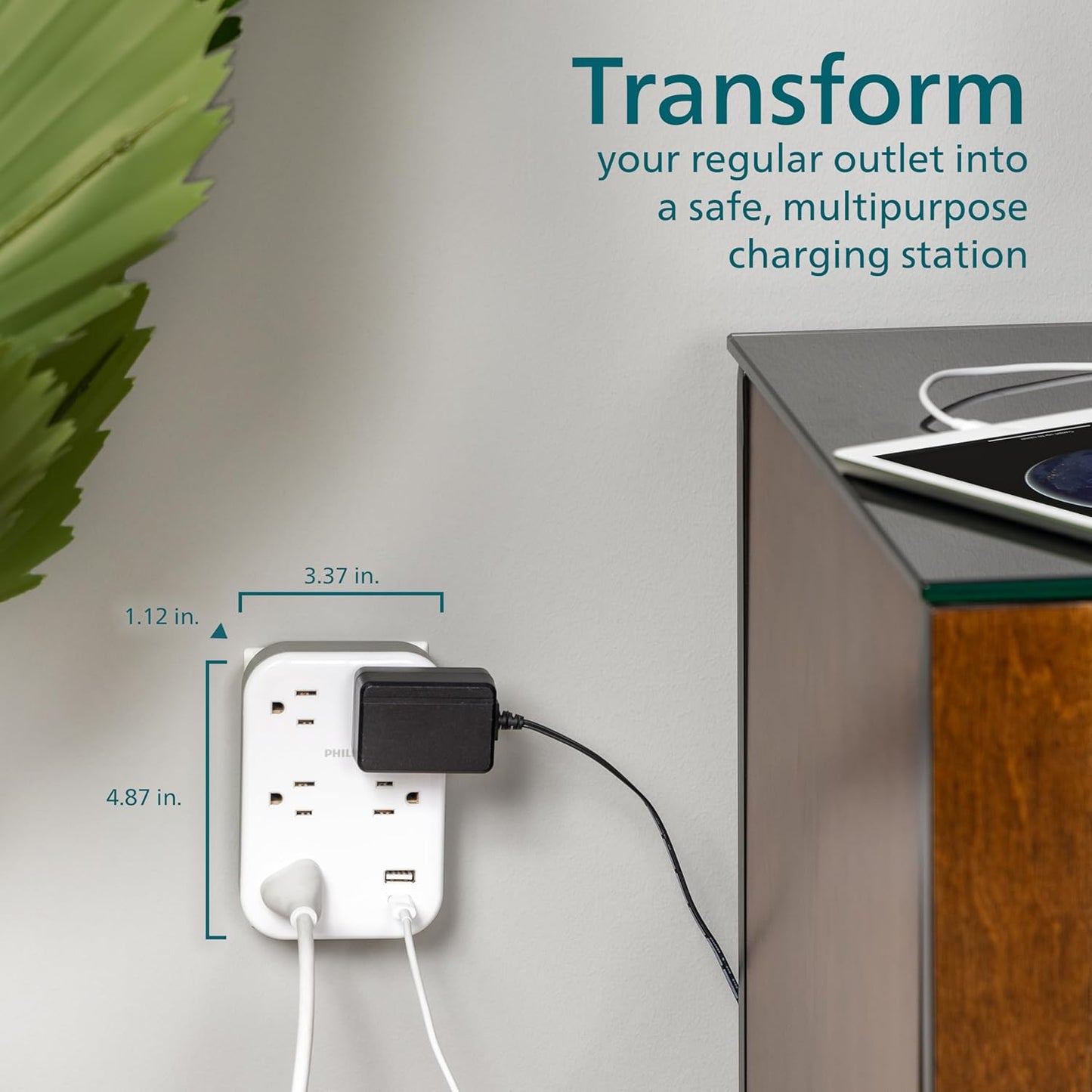 Philips EZFit 5-Outlet Extender Wall Tap with Surge Protection, Grounded Adapter, Charging Station, 3 Prong, 1 USB-A, 1 USB-C, 900J, White, SPP3513W/37