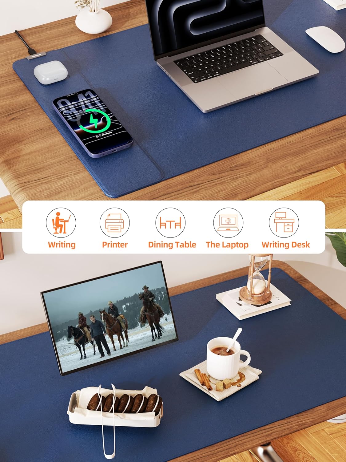 TopMade Mouse Pad with 15W Wireless Charging, XXL Large Leather Desk Mat, Waterproof Gaming Mousepad Home Office Desk Pad Protector, Computer Keyboard Pad, Mouse Mat for for MacBook, PC, Laptop, Blue