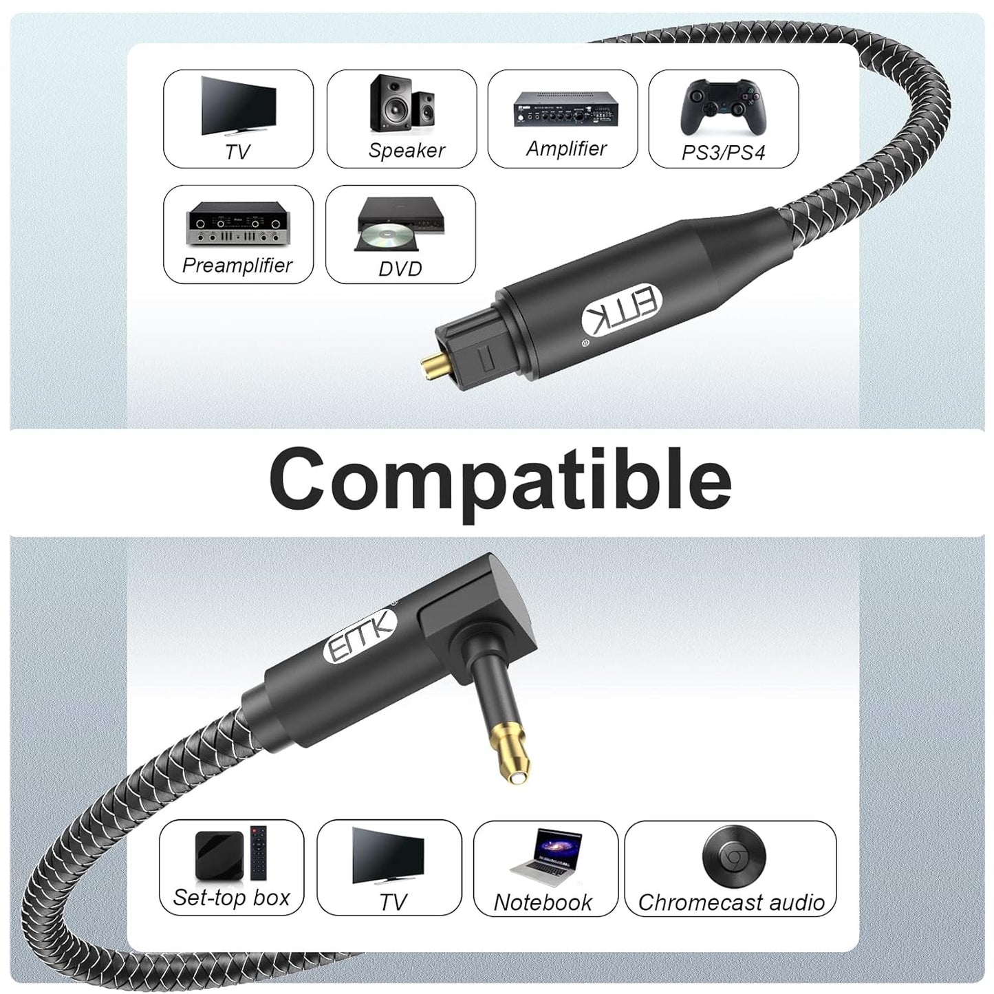 EMK Premium 90° Right-Angle Mini Toslink Cable (6Ft/2M) - 3.5mm Optical Digital Audio Cable for Sound Bars, TVs & Home Theater - SPDIF/Toslink Compatible, Black
