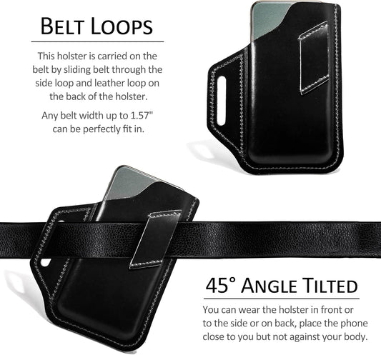TobbinGear Leather Belt Phone Pouch, Left Handed Leather Cell Phone Holster, Universal Phone Case with Belt Loops, for Men and Women Black Large