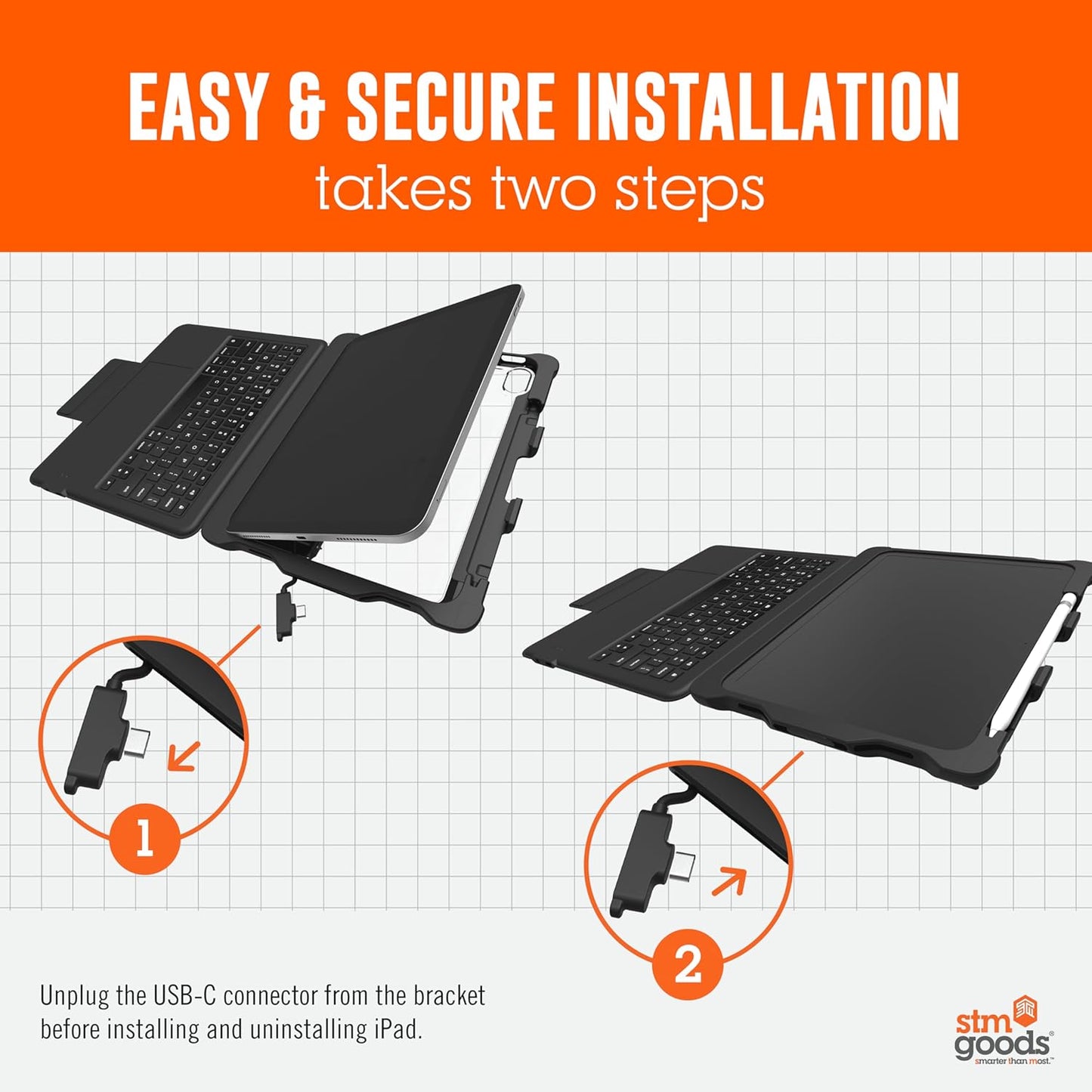 STM Goods Dux Keyboard Trackpad USB-C for iPad 10th, USB-C Connected Keyboard - Rugged, Rubberized Drop Protection - Integrated Trackpad, Storage for Apple Pencil Gen 1 or Logitech Crayon - Black