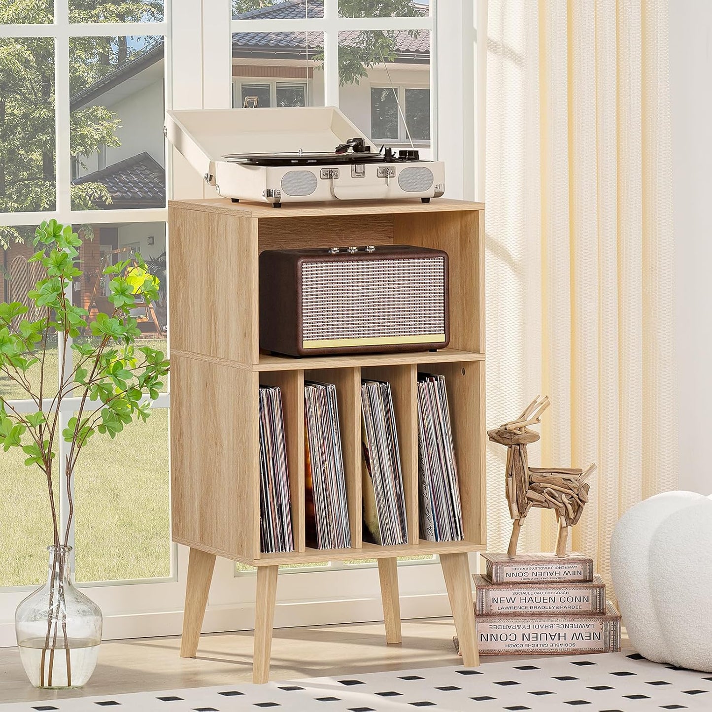 Lerliuo Record Player Stand, Burlywood Turntable Stand Holds up to 160 Albums, Mid-Century Vinyl Storage Cabinet Table with Solid Wood Legs, Record Player Holder Dispaly Shelf for Bedroom Living Room