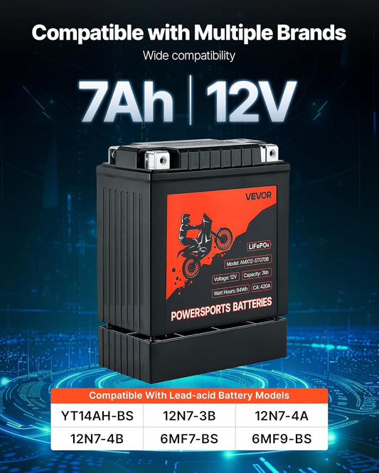 VEVOR Motorcycle Battery, 12 Volt 7Ah, LiFePO4 Lithium Pre-Charged Powersports Battery, Maintenance Free & High Performance, Compatible with ATV, Motorcycle, Jet Skis, Scooter, UTV, and More