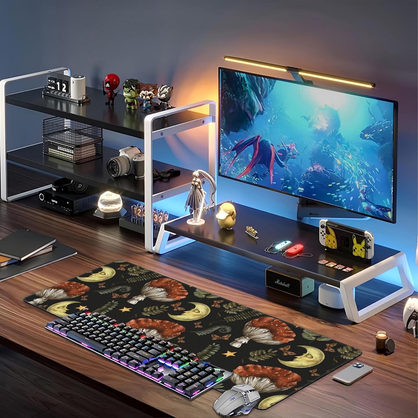 Vintage Magic Forest Desk Mat,Large Moon Amanita Mushroom and Forest Botanical Gaming Keyboard Mouse Pad,Non-Slip Rubber Base Desk Pad Thick Stitched Edges Waterproof Mousepad Mouse Mat 31.5"x11.8"