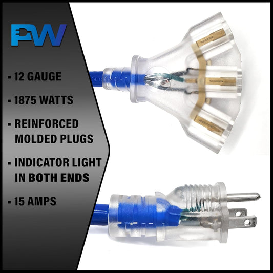 25 ft - 12 Gauge Heavy Duty Extension Cord - Lighted on Both Ends - SJTW Blue - Outdoor Extension_Cord Waterproof 25 ft by Premier Wire - 15 Amp ExtensionCord (25 Foot 12-Awg Power Cord Blue)