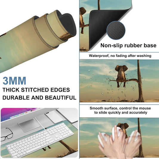 A Elephant Gaming Mouse Pad 3mm Thick Stitched Edge Waterproof Non-Slip Large Computer Keyboard Mouse Mat,Suitable for Office Entertainment Decorative Desk Pad 35.4 x 15.7 Inches