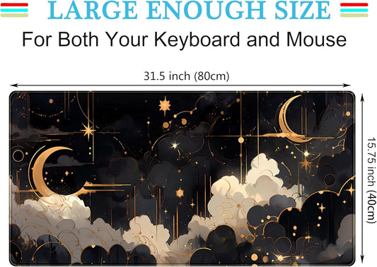 Black and Gold Celestial Desk Mat XXL Extended Gaming Mouse Pad Large Mousepad with Stitched Edges, Laptop Computer Keyboard Mouse Mat Desk Pad for Work Game Office Home Desk Decor 31.5x15.75 in