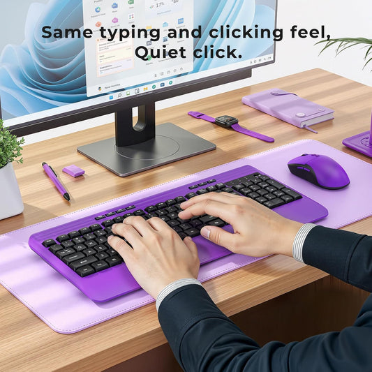 Wireless Keyboard and Mouse Set with Quiet Keys, 2.4G Full Size Purple Keyboard and Mouse with Wrist Rest, Protective Covers, Soft Touch Silent Design for Windows, Computer, PC and Laptop