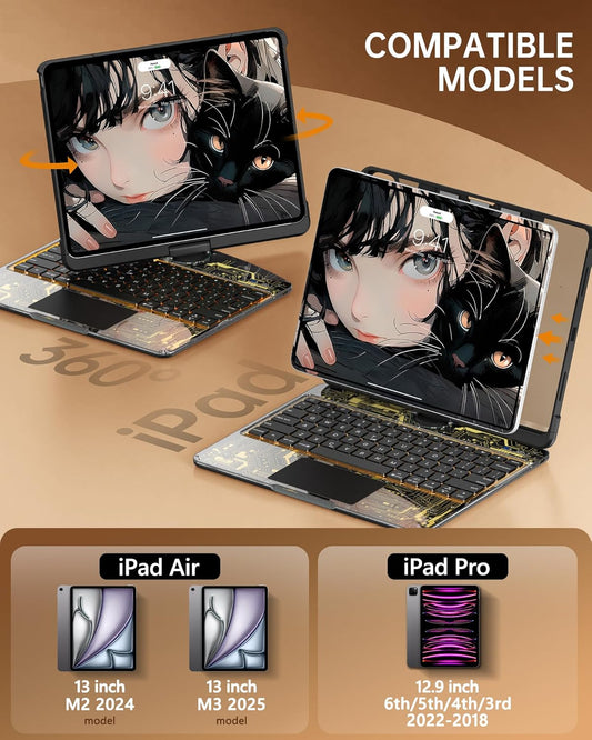 Intermerge Clear Keyboard Case for iPad Air 13" (M3/M2, 2025/2024) & Pro 12.9" (2022-2018) - 360° Rotatable Trackpad, RGB Backlit Keyboard, Pencil Holder, Power Indicator, Type-C, Shadow Pulse