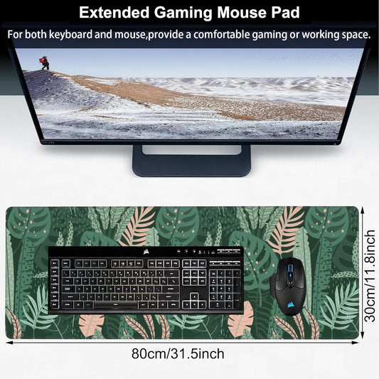 Tropical Plants and Leaves Desk Mat,Large Tropical Palm Leaves Gaming Keyboard Mouse Pad,Non-Slip Rubber Base Desk Pad Thick Stitched Edges Waterproof Mousepad Mouse Mat 31.5"x11.8"