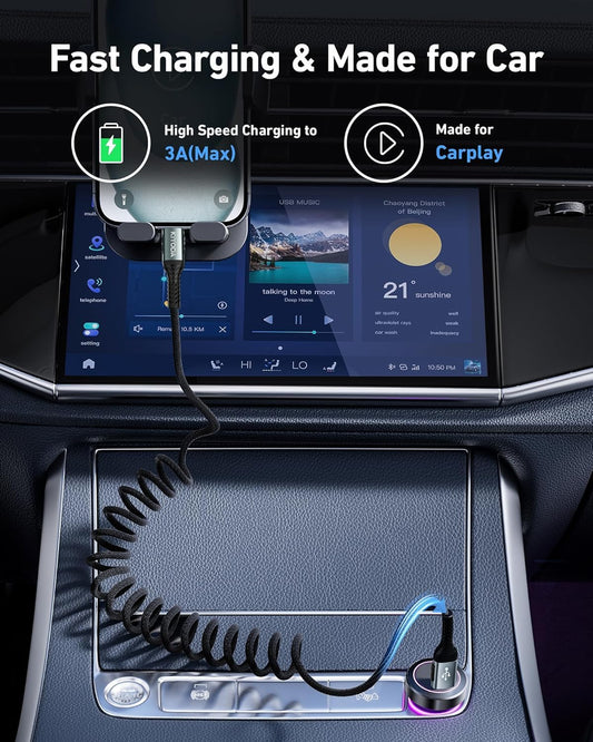 USB A to USB C Cable 3FT/6FT, Coiled USB C Cable for Car, 66W USB C Cable Fast Charging 3A USB C iPhone Cable Compatible with iPhone 16/15/Samsung Galaxy S20 S10 Plus Note 10 9 and More USB C Devices