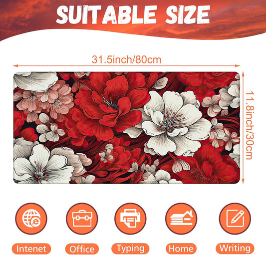 Desk Pad, Red and White Flowers Desk Mat, Retro Red Floral Large Gaming Mouse Pad, 31.5"x15.7" Extended Big Computer Keyboard Mouse Pad with Non-Slip Base and Stitched Edge