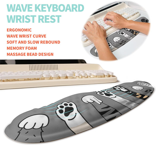 2-in-1 Ergonomic Set, Wave Rise Keyboard Wrist Rest and Massage Bulge Slope Mouse Pad Wrist Support, Cushion Memory Foam Integrated to Relieve Wrist Pain, Cute Cat Paws