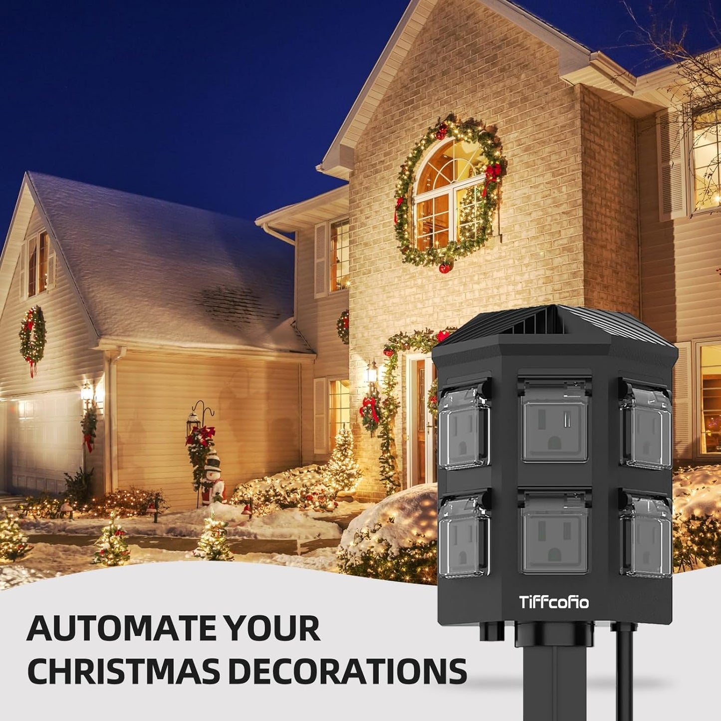 TiFFCOFiO Outdoor Power Strip Timer, Dusk to Dawn Light Sensor Countdown, 50 Feet Extension Cord Waterproof, 6 Grounded Outlets for Halloween and Christmas Decorations, ETL Listed (50 FT)