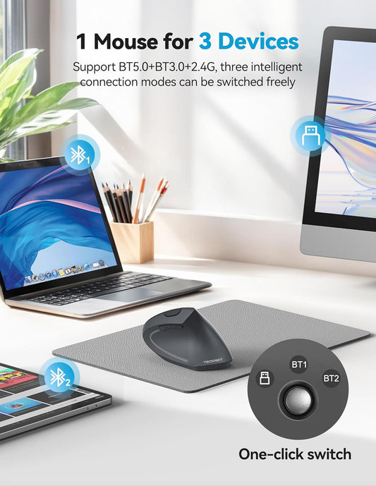 TECKNET Ergonomic Mouse, Rechargeable 2.4G+Bluetooth Vertical Mice 6 DPI Adjustable, Wireless Optical Carpal Tunnel Mouse for Right Hand, Silent 6 Buttons for Laptop, PC, MacBook, iPad - Grey