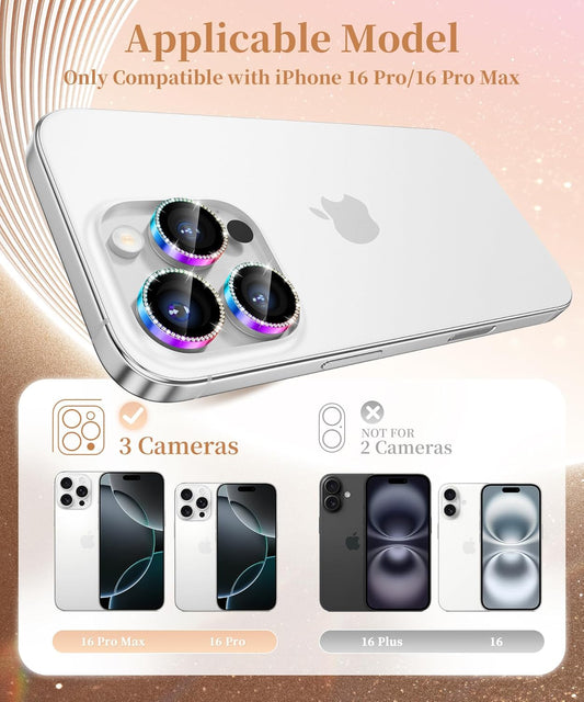 GolbinBox Camera Lens Protector for iPhone 16 Pro Max/16 Pro, 1:1 Invisible Fit, 9H Tempered Glass Ultra HD Metal Individual Camera Cover Screen Protectors for Women, Case Friendly, Bling/Colorful