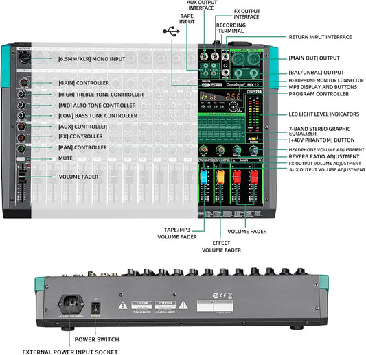 Depusheng MX12 12 Channel Sound Mixer Audio Mixing Console 48V 256DSP Professional USB PC Play Record Podcast Live Broadcast (US MX12)