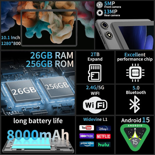Android 15 Tablet, 26GB + 256GB (2TB Expandable), 10.1-inch Tablet with Keyboard, 8000 mAh Battery, BT 5.0, 5G WiFi, Widevine L1, 2-in-1 Tab with Mouse, Protective Case,Stylus(Silver)