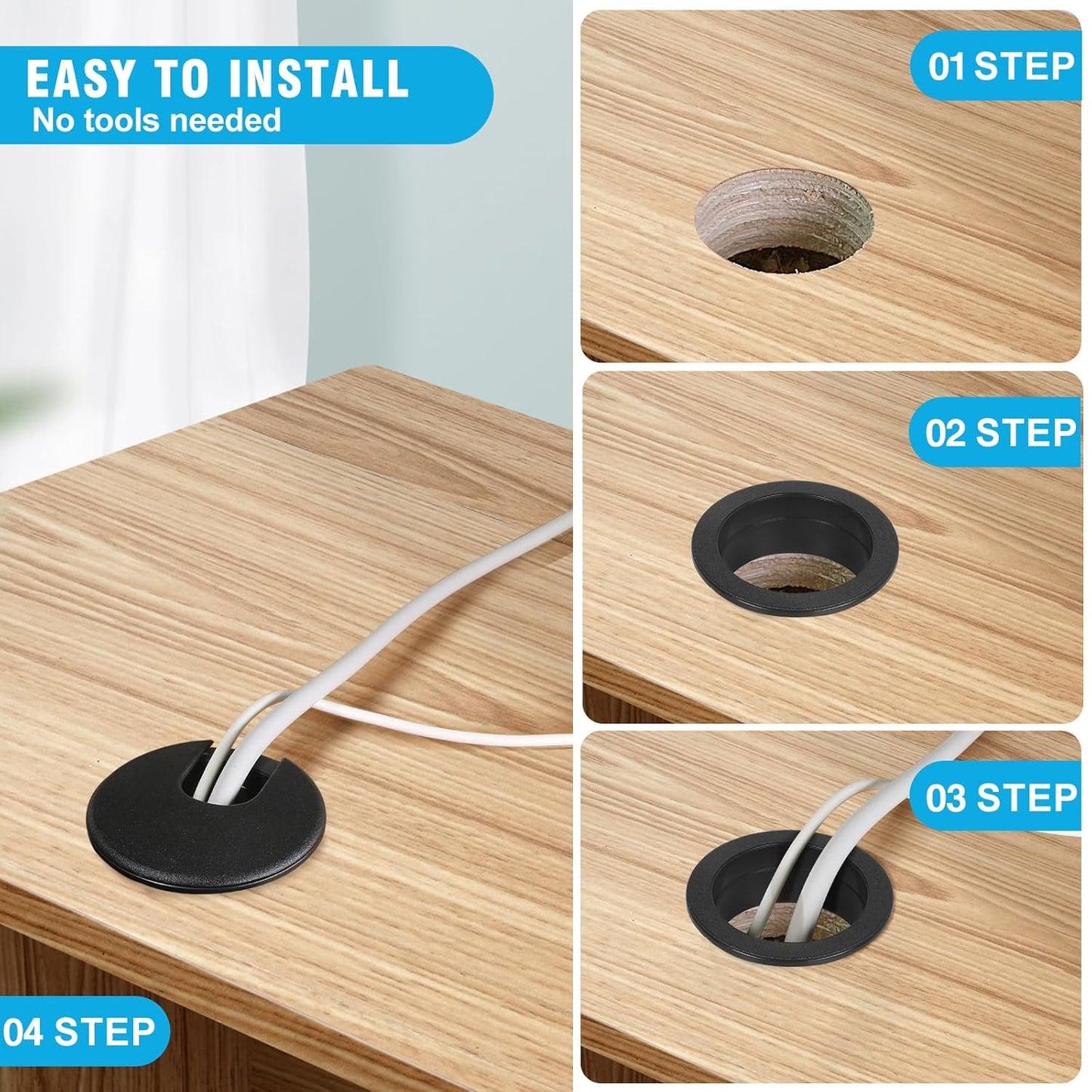 2" Black Desk Grommet, JTemgle Plastic Cable Hole Cover Computer Table Cord Wire Organizer Caps Desktop Cord Management for Home Office TV Stands Tabletops, 2 Pieces