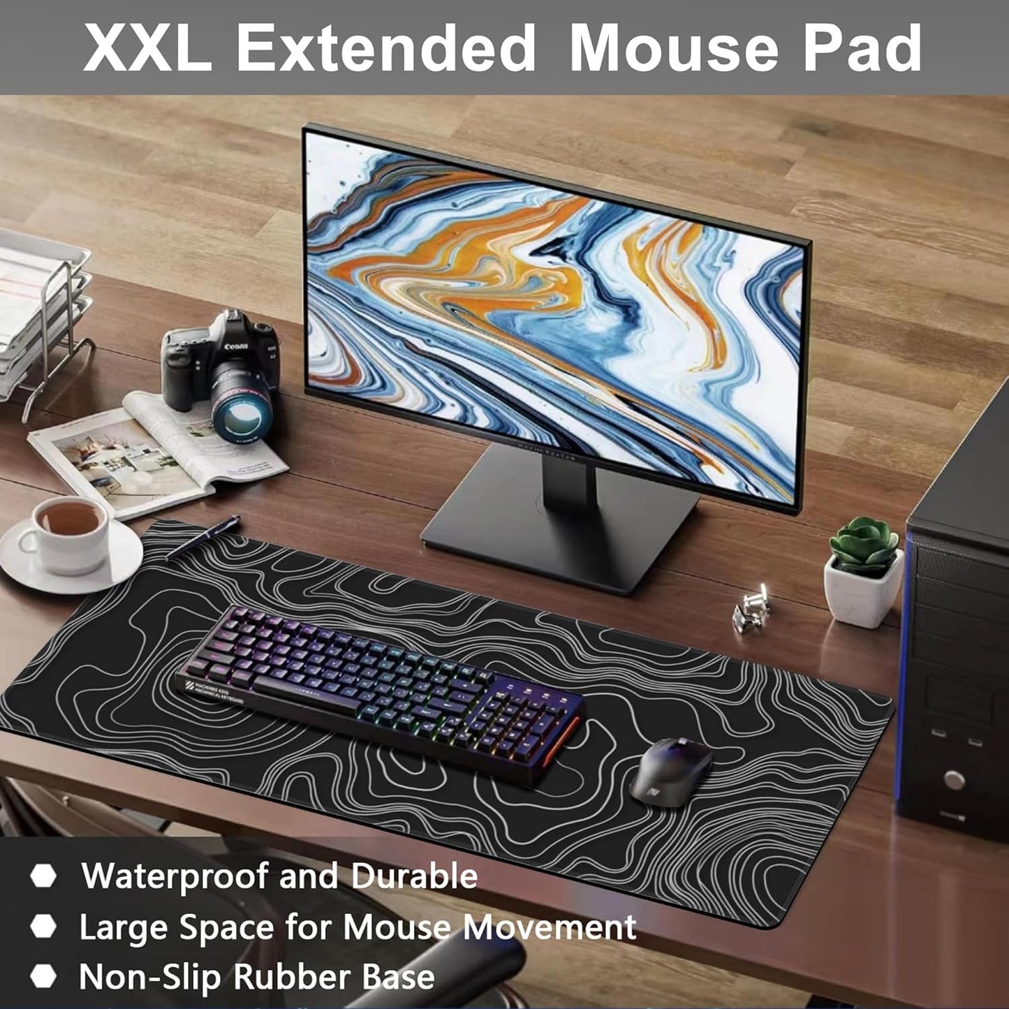 Mouse Pad, Large Mountain Topographic Terrain Map Desk Mat, Extended Non-Slip Gaming Keyboard Mousepad Desk Pad, Thick Stitched Edges Waterproof Mouse Mat 31.5"x15.7" (White Topographic Line Art)