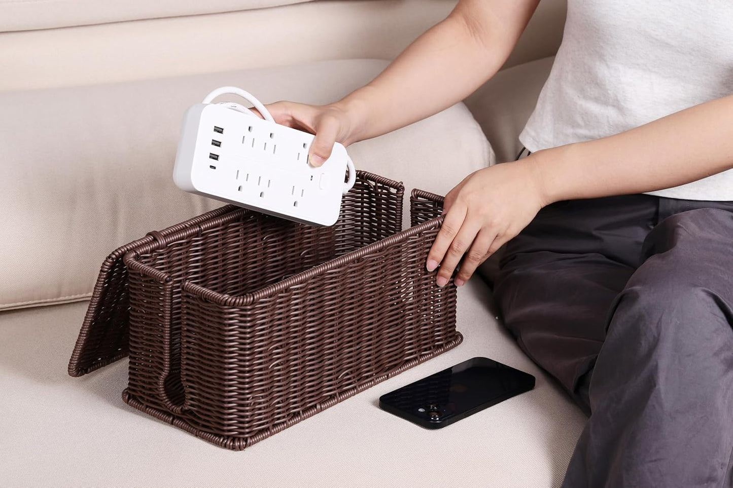 Large Cable Management Box, Handwoven Imitation Rattan Cord Organizer Cord Hider Box, Desk Cord Management Box to Hide Cords and Power Strips, Dark Brown