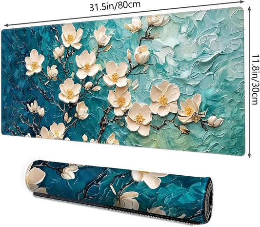 Galdas Gaming Mouse Pad XXL XL Large Long Extended Big Mousepad Non-Slip Rubber Keyboard Desk Pad with Stitched Edges for Laptop Home Office (31.5x11.8x0.08 Inch) … (Painting Flowers)