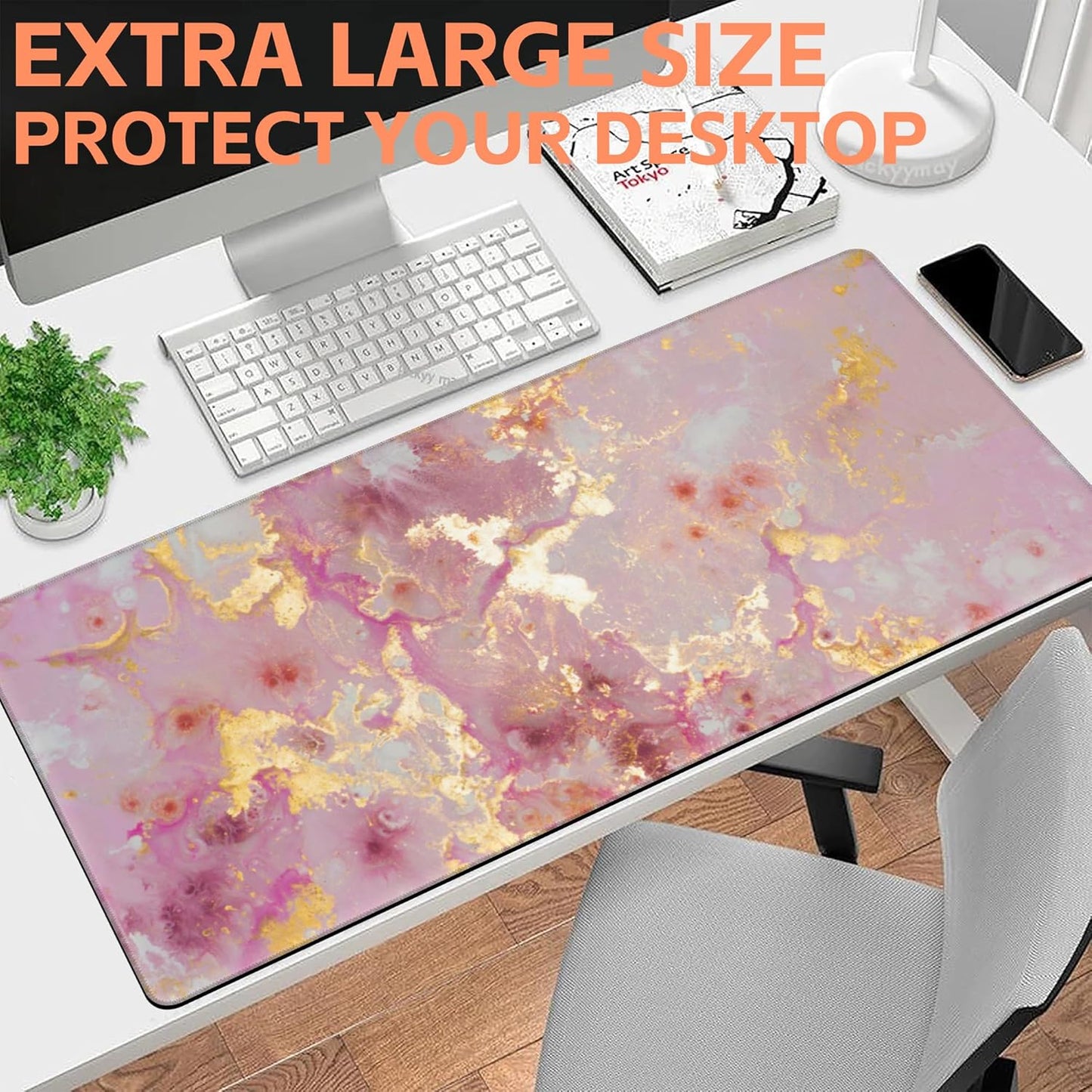 Mouse Pad Large Pink and Gold Marble Non-Slip Gaming Desk Mat with Stitched Edge Laptop Keyboard Desk Pad for Work Home Gaming (35.4 x 15.7 Inches)